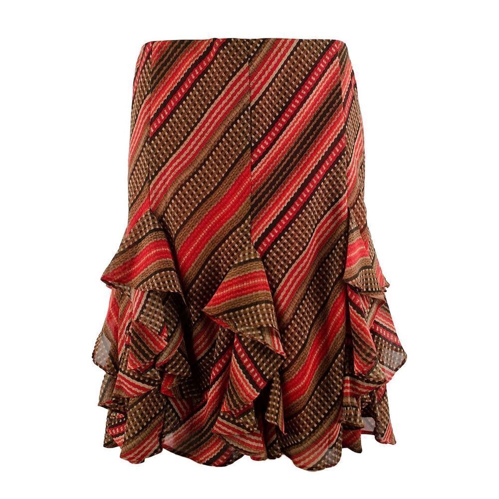 Lauren Ralph Lauren Women's Patterned Ruffled Georgette Skirt sz M red brown